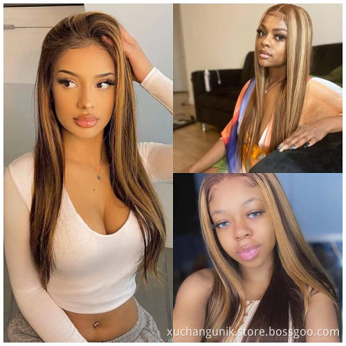 Uniky Highlight ombre Blonde Straight Brown pre pluck 13X4 Transparent Lace front Highlighted Human Hair Wigs for black women